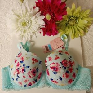 Affinitas vintage floral print push up bra blue lace pinks yellow New 34D